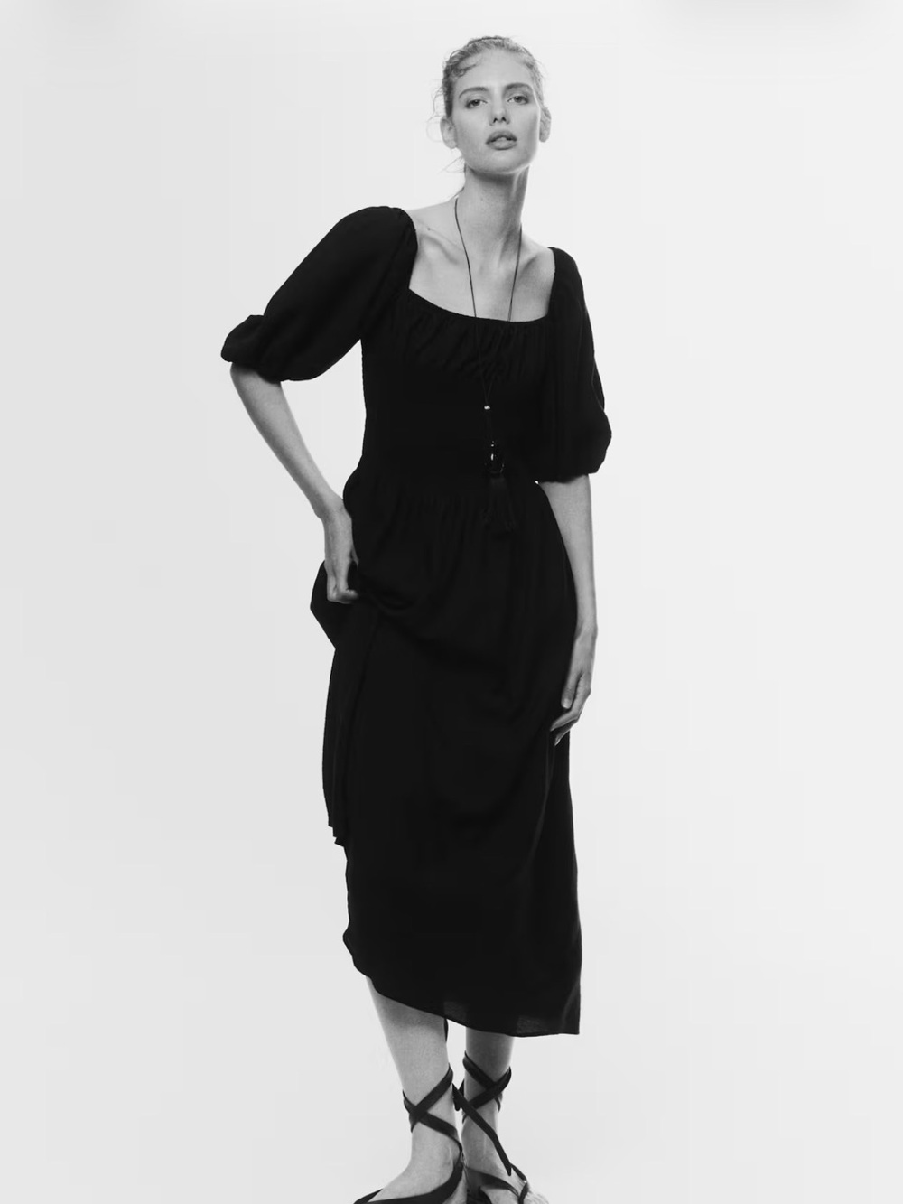H&M Smocked-waist Black Puff-Sleeve dress